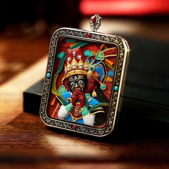 KyLin Aura Hand-Painted Thangka Cinnabar White Copper Pendant Necklace (Ga Wu Box)